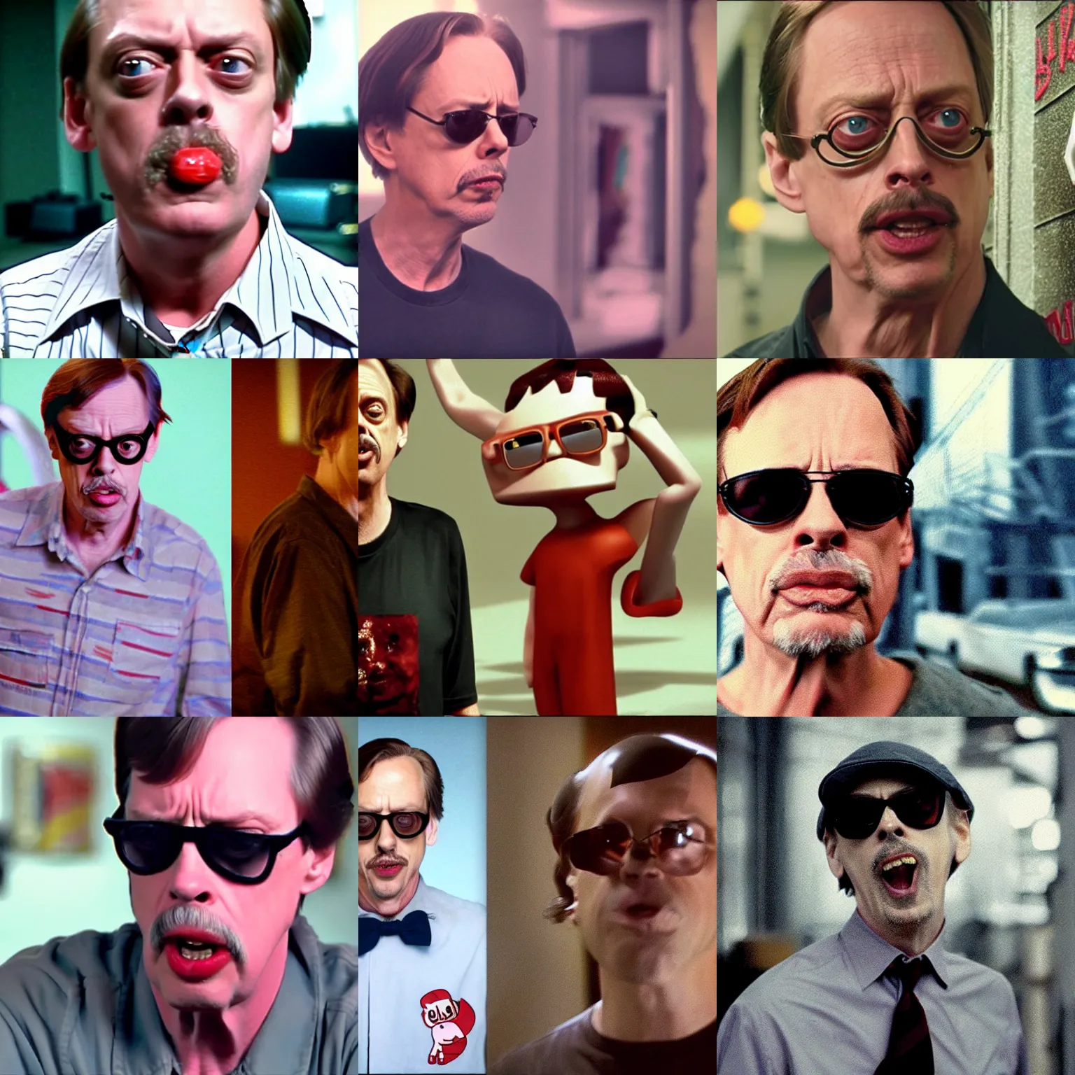 Prompt: Steve Buscemi with sunglass,no beard,vintage shirt, in Super meat Boy,CGI movie,cinematic shot