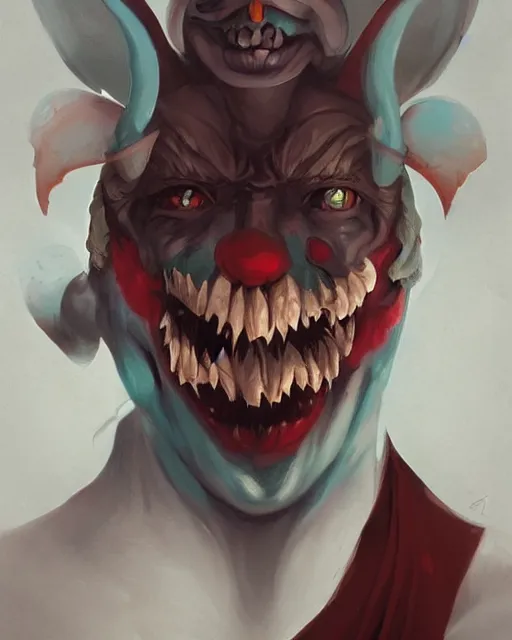 Prompt: portrait of a demonic clown by peter mohrbacher. trending on artstation