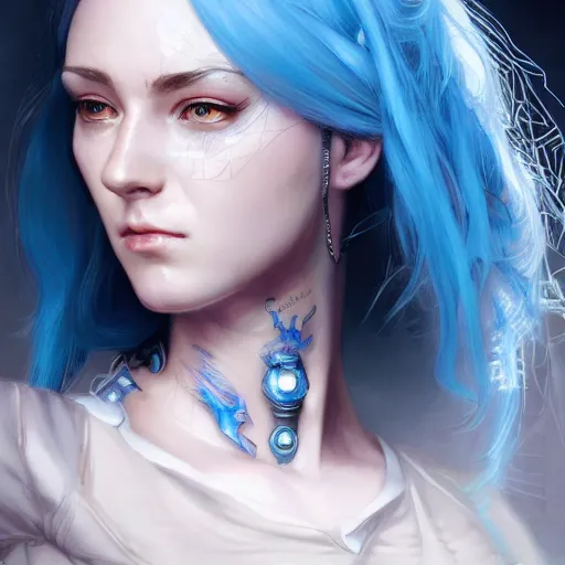 Image similar to Hyperrealistic close-up portrait of cyberpunk young woman with blue hair, D&D, fantasy, intricate, elegant, highly detailed, digital painting, artstation, concept art, smooth, sharp focus, illustration, art by artgerm and greg rutkowski and alphonse mucha