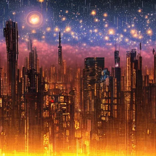 Image similar to cyberpunk dystopian city during a sunset in the style of starry night