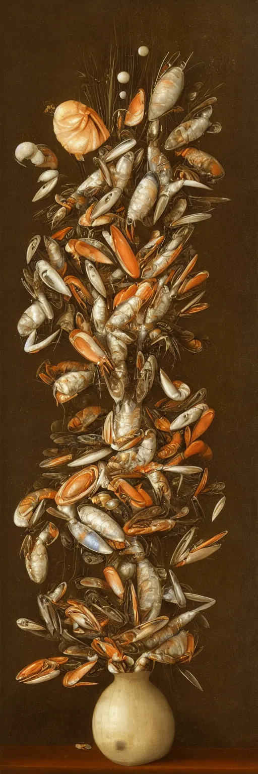 Prompt: A vase of seafood by Balthasar van der Ast