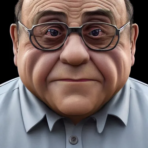 Image similar to hyperrealistic mixed media realistic sculpture of danny devito, stunning 3 d render inspired art by xiang duan and thomas eakes, perfect facial symmetry, hyper realistic texture, realistic, highly detailed attributes and atmosphere, dim volumetric cinematic lighting, 8 k octane detailed render, post - processing, masterpiece,