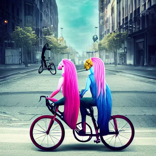 Prompt: two unicorns riding bikes in city streets, photoreal