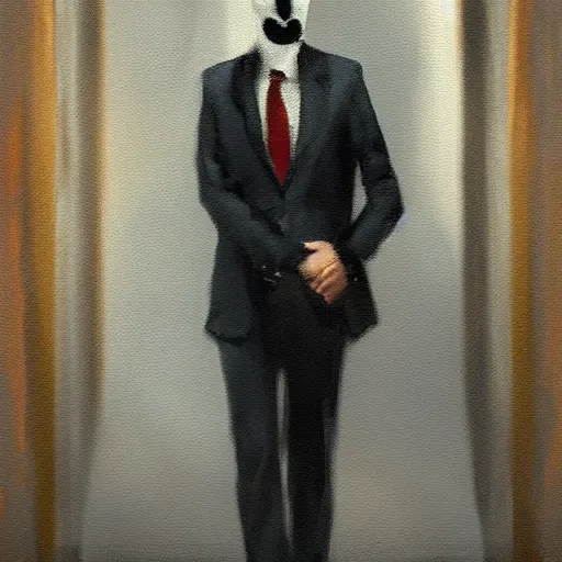 Image similar to impressionist painting of an anonymous man in a suit, standing in a doorway, artstation