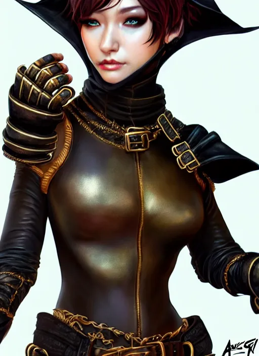 Prompt: rogue, fantasy ornate leather bandit outfit!!! beautiful and athletic short hair female!! gorgeous face and eyes!! character concept art, sharp focus, octane render! unreal engine 5! highly rendered!! trending on artstation!! detailed linework!! illustration by artgerm, wlop, and chie yoshii