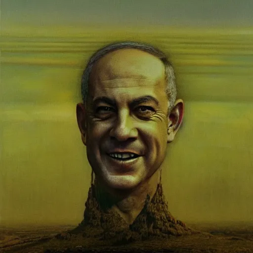 Image similar to a portrait of benjamin netanyahu grinning, by beksinski