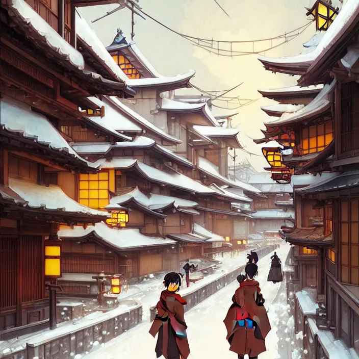 Image similar to japanese big city, winter, in the style of studio ghibli, j. c. leyendecker, greg rutkowski, artem