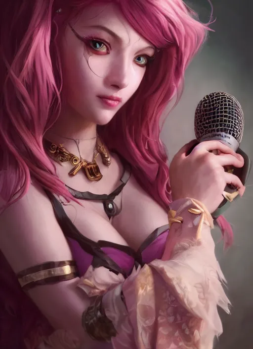 Image similar to seraphine, from league of legends, pink hair, studio microphone, new musical instruments, au naturel, hyper detailed, digital art, trending in artstation, cinematic lighting, studio quality, smooth render, unreal engine 5 rendered, octane rendered, art style by klimt and nixeu and ian sprigger and wlop and krenz cushart