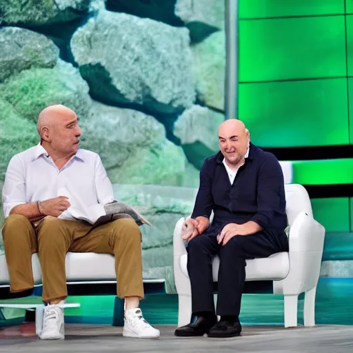 Prompt: mid white hair old man with green shirt and white short, sitting in shark tank with kevin o'leary