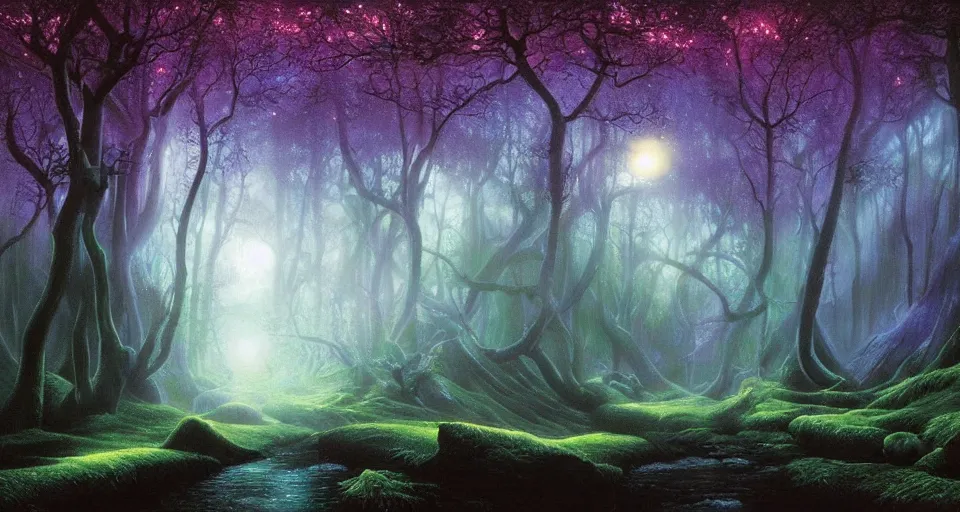 Prompt: Enchanted and magic forest, by David A. Hardy