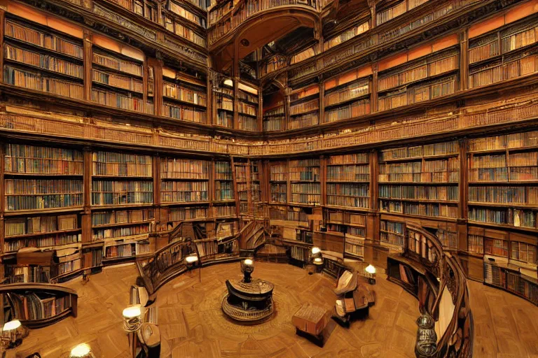 Prompt: interior architectual photo of a monumental great library hall with high ceiling, spiral shelves full of books, volumetric lighting, donato giancola