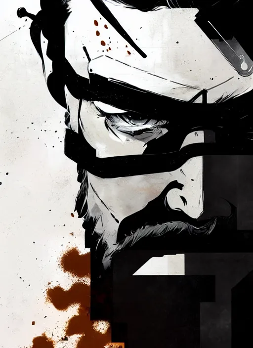 Prompt: highly detailed closeup of a moody solid snake mgs with codec by atey ghailan, by greg rutkowski, by greg tocchini, by james gilleard, by joe fenton, by kaethe butcher, by yoji shinkawa, gradient blue, black, brown and white color scheme muted tones, grunge aesthetic!!! white graffiti tag wall background