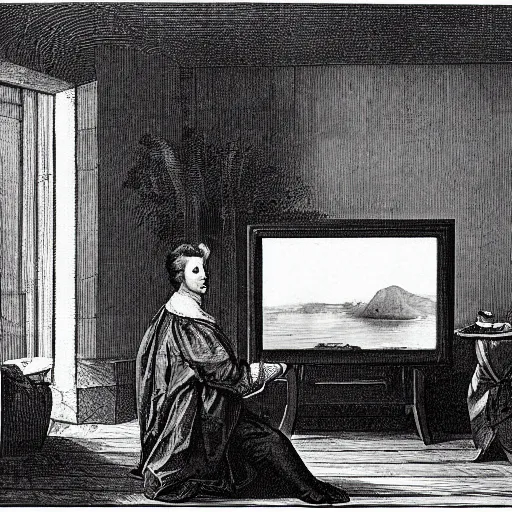 Image similar to 1 7 0 0 s photo of a person watching a flat screen hd tv