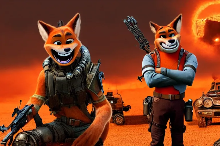 Image similar to nick wilde, heavily armed and armored facing down armageddon in a dark and gritty reboot from the makers of mad max : fury road :