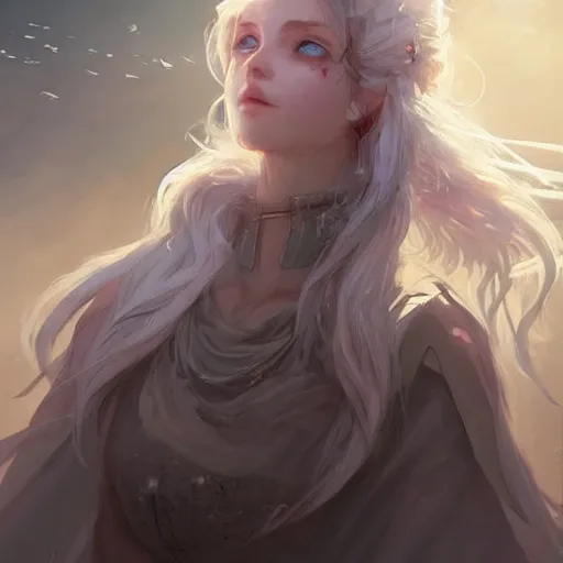 Image similar to a portrait of a beautiful lady with adorable eyes, beautiful eyes, looking up onto the sky, light smiling, art of wlop and greg rutkowski, epic fantasy art, bright light masterpiece, ray of light through white hair