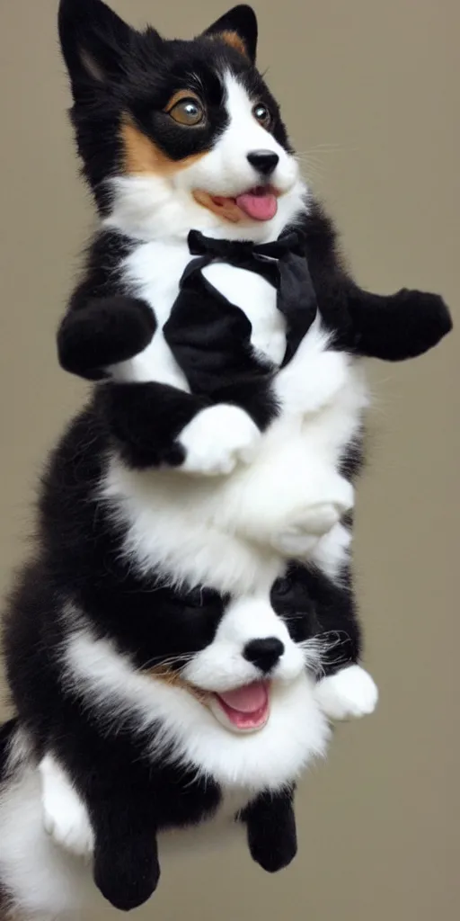 Prompt: corgi weaкing saddle, cute fluffy tuxedo cat riding on the top of him, realistic photo