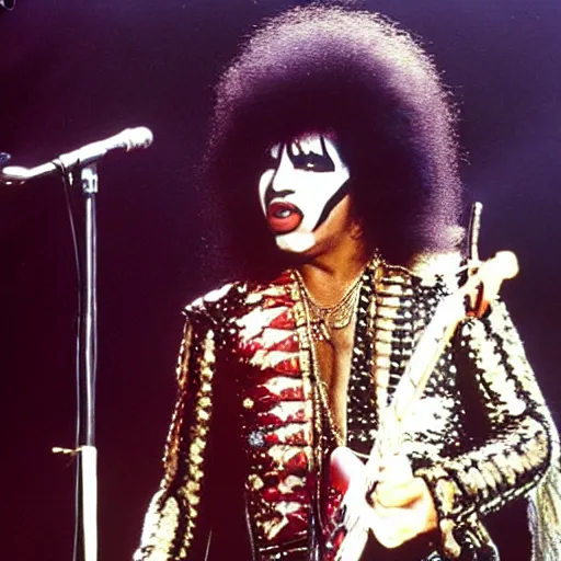 Image similar to jimi hendrix as a member of the band kiss in concert, color photo