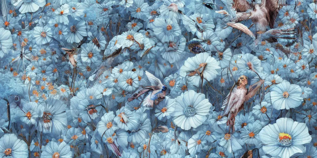 Prompt: breathtaking detailed concept art painting art deco pattern of nicolas cage faces amalmation light - blue flowers with anxious piercing eyes and blend of flowers and birds, by hsiao - ron cheng and john james audubon, bizarre compositions, exquisite detail, extremely moody lighting, 8 k