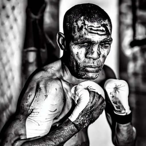 Image similar to portrait of boxer after boxing with brews blood sweating, photography photojournalism, very grainy image