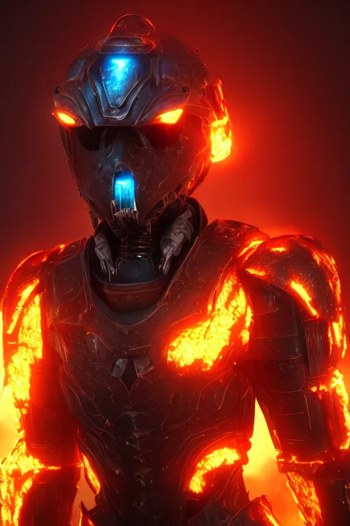 Prompt: Cybernetic Flame Armor, fantasy, photorealistic, glowing eyes, 4k, cinematic lighting, explosive, destroyed cityscape