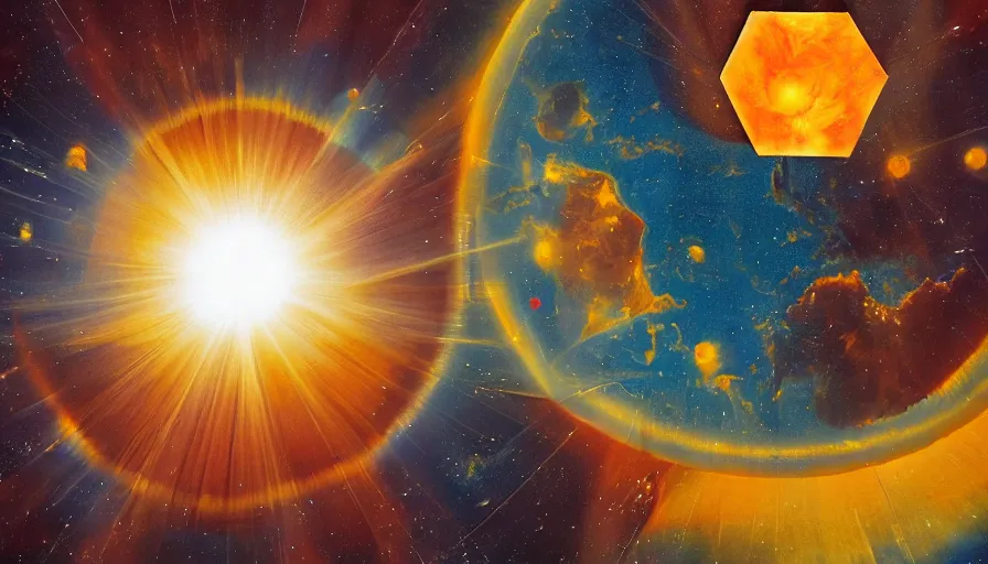 Image similar to the sun being blocked by a hexagon in space, planet earth in the foreground, art deco painting