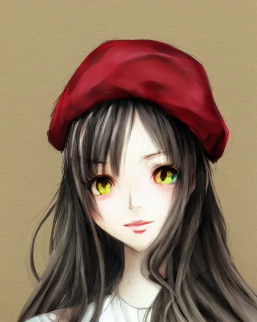 Image similar to girl with beret, drawn by Yueko, trending on Artstation