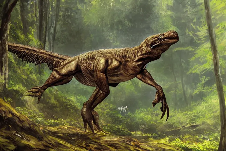 Image similar to highly detailed photograph of a oil raptor in the forest, featured on pixiv