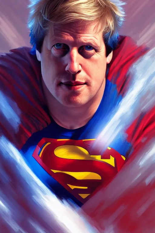 Image similar to Boris Johnson as Superman,realistic portrait, symmetrical, highly detailed, digital painting, artstation, concept art, smooth, sharp focus, illustration, cinematic lighting, art by artgerm and greg rutkowski and alphonse mucha