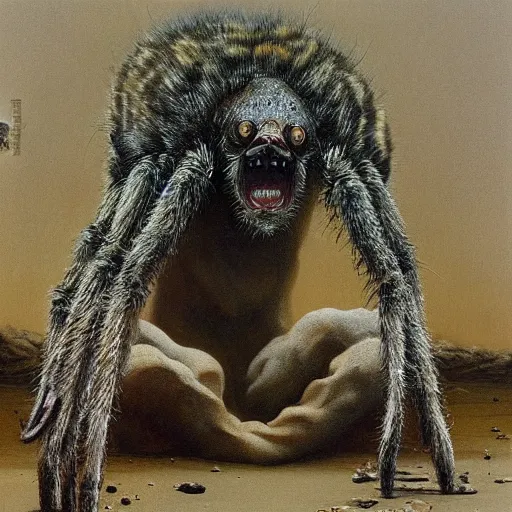 Prompt: tarantula morphed with hyena in sewer, long skinny legs and large fangs, sitting on web, highly detailed beksinski painting