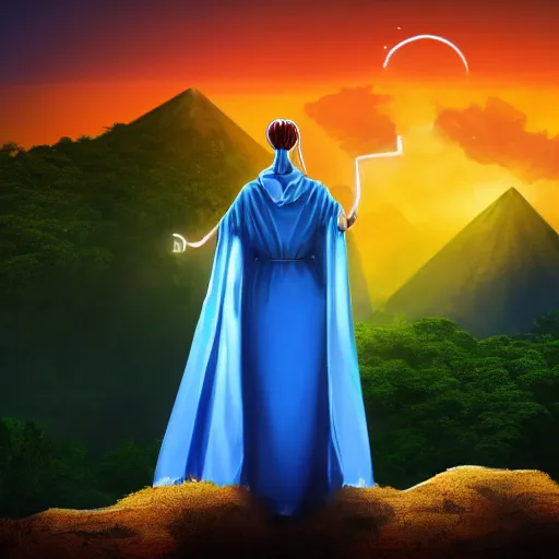 Image similar to high definition illustration of young mage woman with long blue cape, fire in outstretched hand, flowing brown hair, enjoying the view of a horizon of close planets in the sky, dense jungle, high definition, extremely detailed, 8 k, oled, beautiful lighting, shadows, reflections