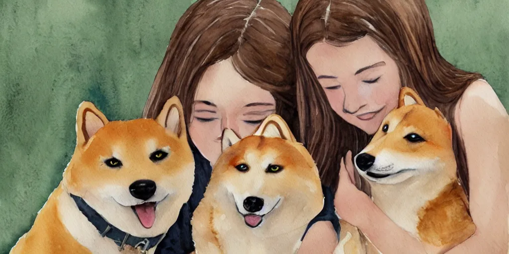 Image similar to a watercolor illustration of a girl with light brown hair, hazel eyes and freckles accompanied by a shiba inu