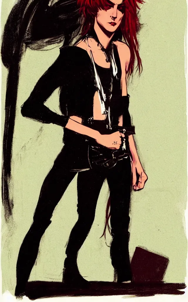 Image similar to full body portrait of an androgynous glam rocker in the style of syd mead and john william waterhouse