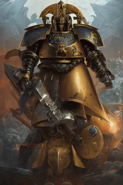 Image similar to armor portrait heros warhammer 4 0 k horus heresy fanart - the primarchs emperor by johannes helgeson animated with vfx concept artist & illustrator global illumination ray tracing hdr fanart arstation zbrush central hardmesh 8 k octane renderer comics stylized