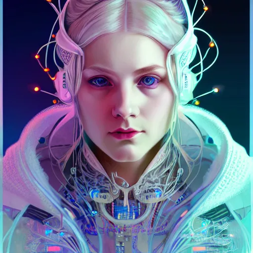 Image similar to high quality, high detailed portrait of a snow queen cyberpunk character in a futuristic world, hyperrealism, intricate details, cables, wires, connectors, led. alphonse mucha, pastel colors, vintage, artstation, vector. 8 k