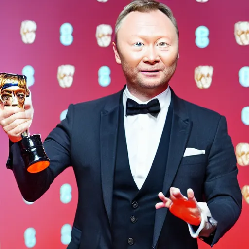 Prompt: limmy holding bafta award, realistic, wide shot, dramatic lighting, hyper realistic, high quality, highly detailed, hd, beautiful, cinematic, 8 k, unreal engine, facial accuracy, symmetrical,