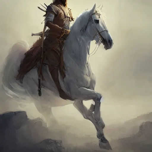 Image similar to a white horse The one who rode him carried arrows and a bow in his hand, and they gave him a crown, digital Art, Greg rutkowski Trending artstation