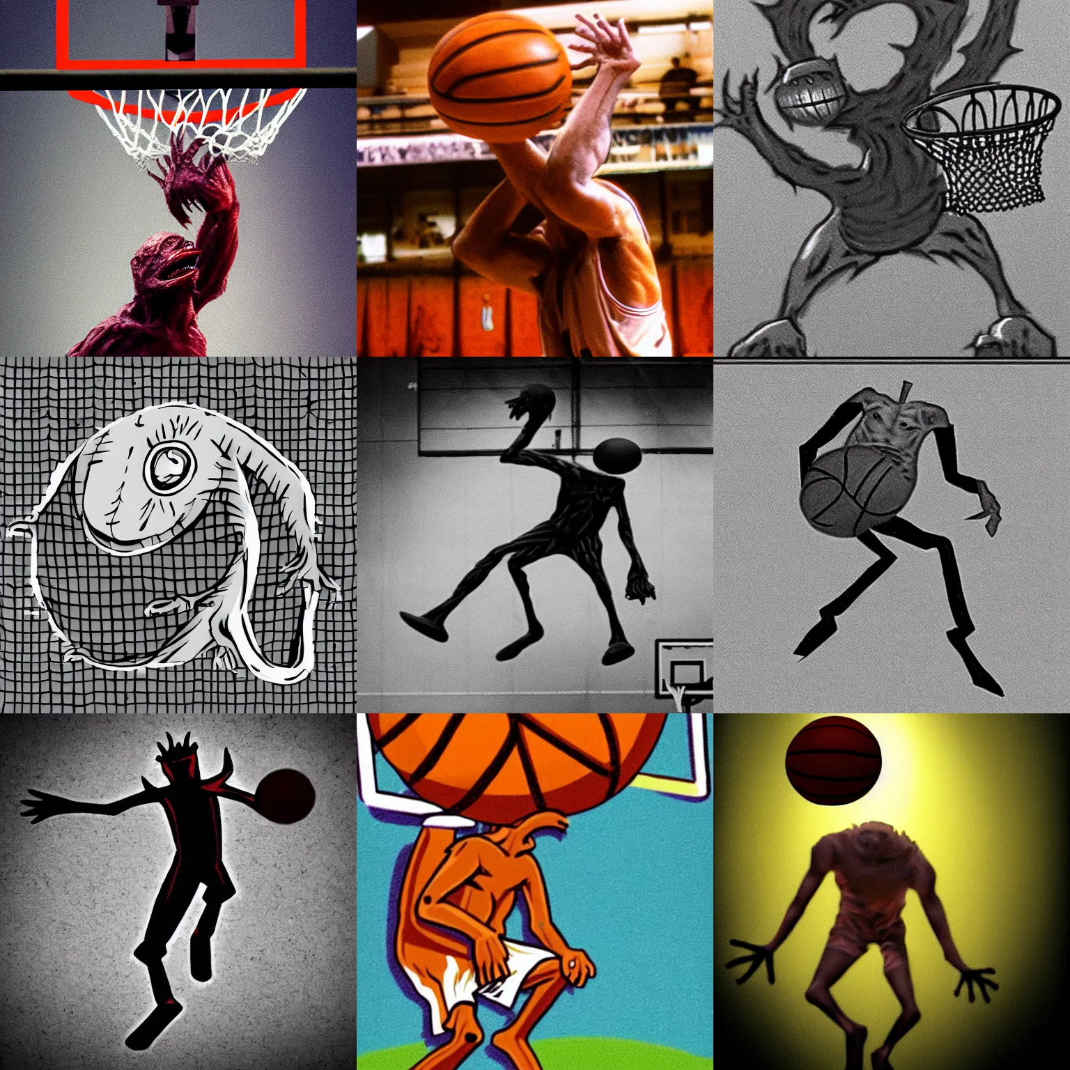 Prompt: eerie fleshy weird cryptid creature thing playing basketball, slam dunk, grainy footage