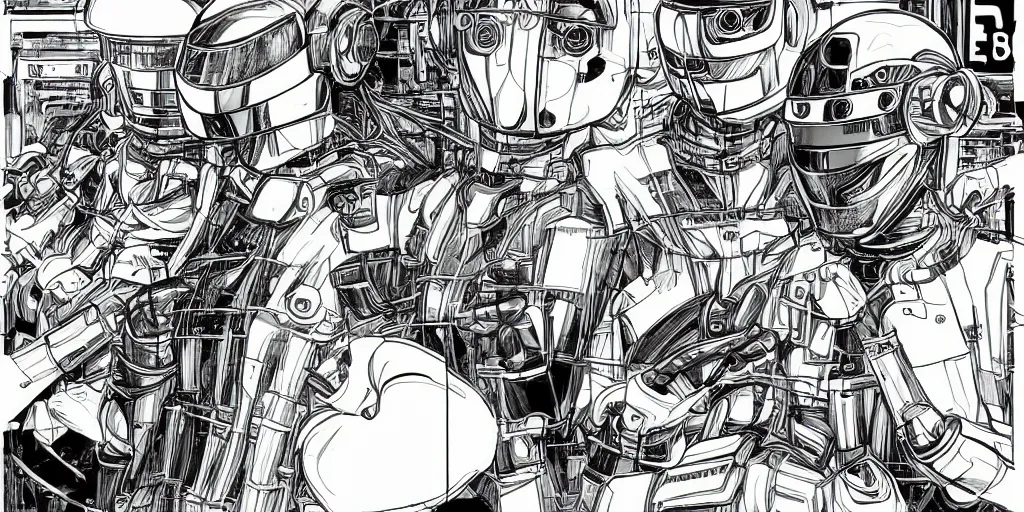 Image similar to detailed manga artwork of 2 Daft Punk robot rock using Apple notebook Macbook at an underground warehouse rave in Ibiza, playing techno house music, thousands of beautiful girls in bikini dancing, in the style of manga illustration, wires, speakers, trending on artstation