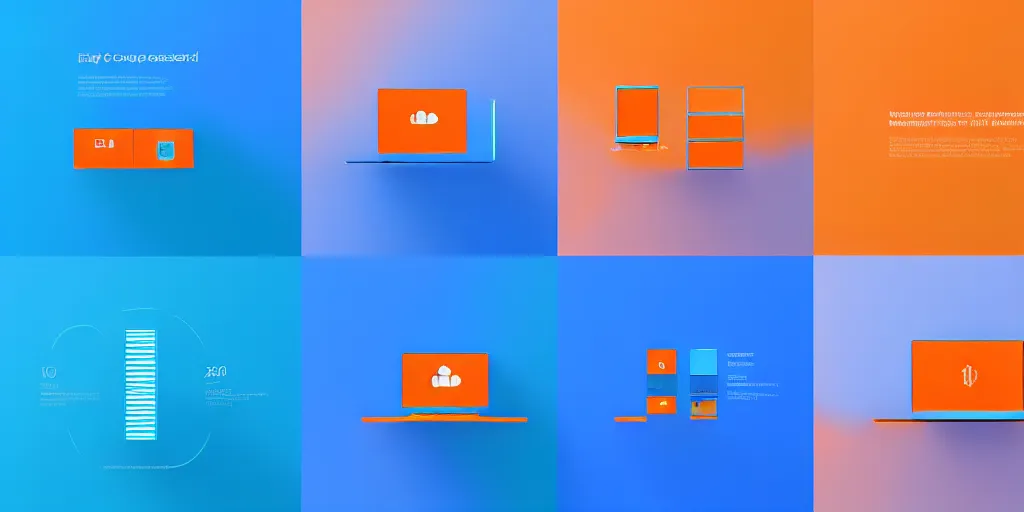 Image similar to Personal Computer, Server, Cloud Server. Minimalistic design, contemporary design, infographics. Logo. Blue, cyan and orange palette. Vivid, 8K, Epic, Masterpiece