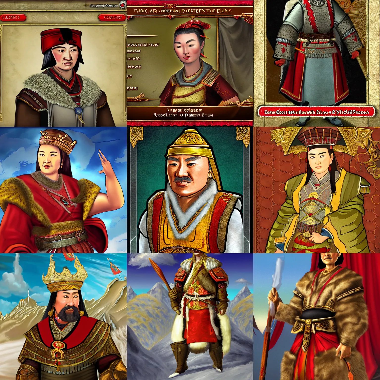Prompt: Genghis Khan as a woman, loading screen art for the game 'Europa Universalis 4'