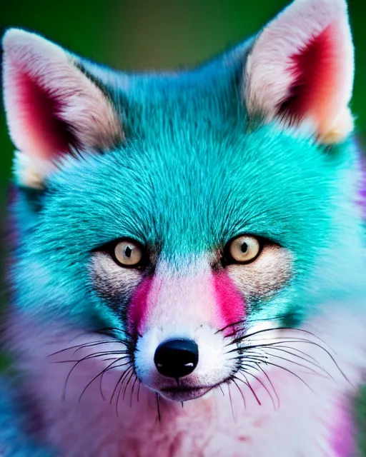 Prompt: pink green blue fox, portrait, blue background, 8 k, 8 5 mm f 1. 8