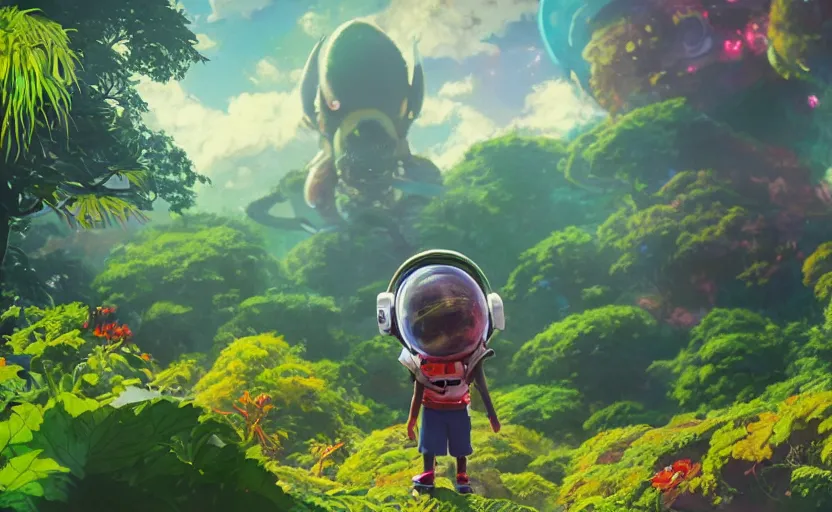 Image similar to a still of a cute adorable tiny astronaut, on a planet of lush colorful foliage, with an enormous kaiju dragon surrounding the full background, magical forest, sharp focus, neon backlit, highly detailed, disney pixar studio ghibli makoto shinkai, digital painting, matte, octane render, global illumination, iridescent, anime, 8 k concept art