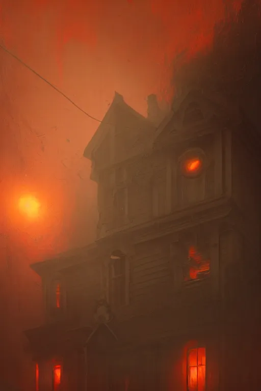 Image similar to A Victorian House of The Void with glowing orange eyeballs staring out from the windows, Red and Orange colored, Lovecraftian, 4k, masterpiece, cinematic, by Greg Rutkowski, Trending on Artstation, Behance. Polished, Volumetric Lighting