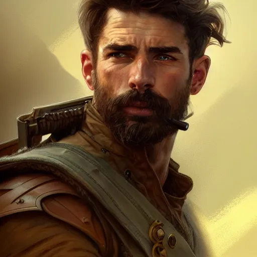 Prompt: portrait of a rugged male ranger looking back, masculine, D&D, muscular, fantasy, intricate, elegant, highly detailed, digital painting, artstation, concept art, smooth, sharp focus, illustration, art by artgerm and greg rutkowski and alphonse mucha