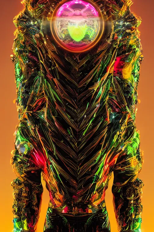 Prompt: hyper detailed ultra sharp portrait of baroque and bladerunner delicate neon ruby sculpture of seductive muscular nick jonas gorilla green radioactive humanoid deity wearing metallic hoody made out of leaves holding the sun prismatic dungeon, glowing rainbow face, crown of white diamonds, cinematic lighting, photorealistic, octane render 8 k depth of field 3 d