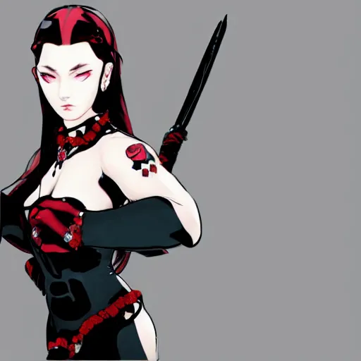 Prompt: beautiful pale - skinned goth girl with a red diamond on her forehead, yoji shinkawa