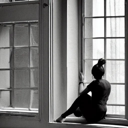 Prompt: a woman sitting on a window sill looking out the window, a photo by robert macbryde, featured on cg society, art photography, windows vista, deviantart, muted