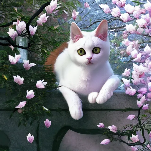 Image similar to cute cat with white magnolia trees inspired by Ferdinand Knab, artstation, 8k, photorealism