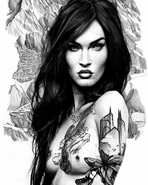 Image similar to megan fox face mash up with beautiful mountains, in the style of dan mountford, tattoo sketch, double exposure, hyper realistic, amazing detail, black and white