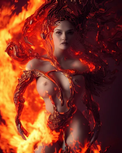 Image similar to female fire elemental wearing burning dress engulfed in large glowing flames, Alexander McQueen, Elden Ring, fashion photoshoot, artgerm, octane render, hyper realistic, extreme detail, trending on artstation